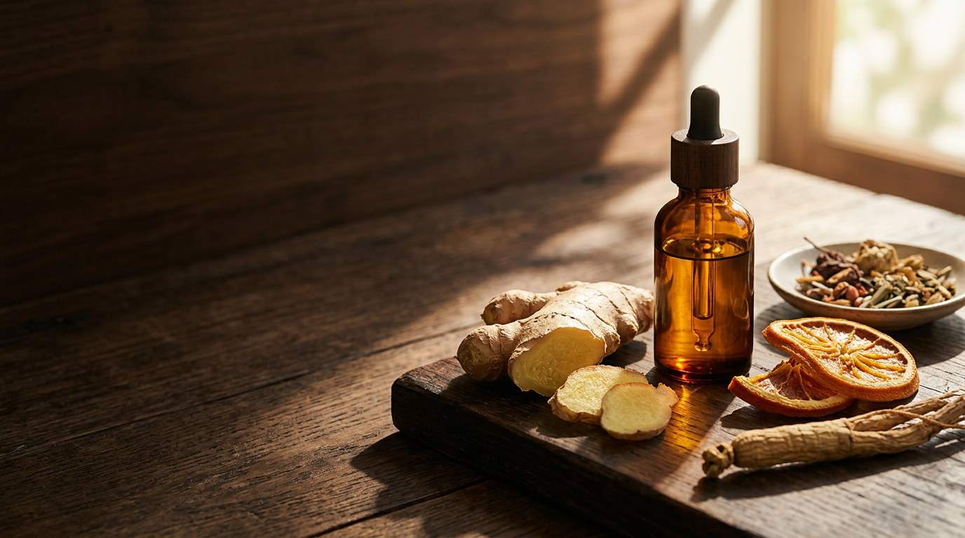 Botanical ingredients and warm amber light